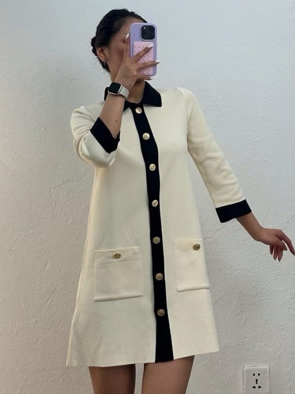 Zara Cream Knit Lady Dress with Black Trim and Gold Buttons